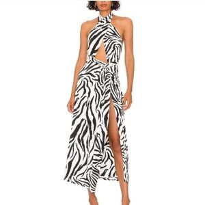 Afrm Avian Zebra Print Halter Neck Slit Midi Dress Sz S